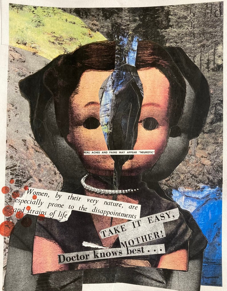 Paper collage of woman broken in half on landscape background by stephanie clark