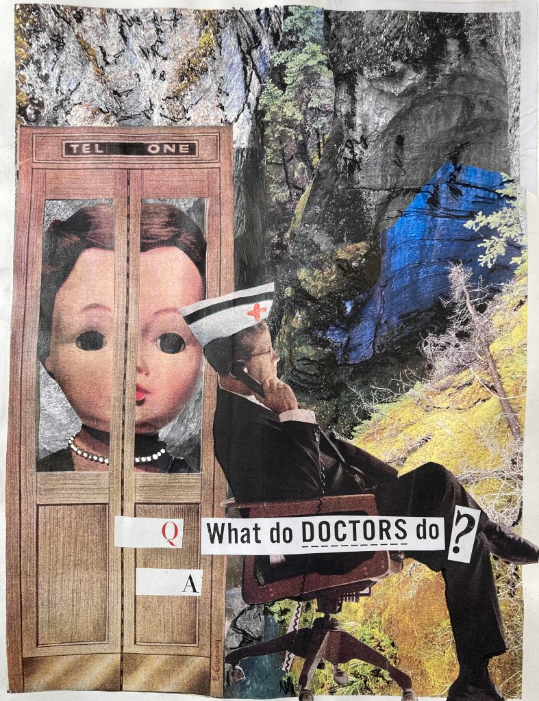 Collage of woman in phone booth with doctor sitting in chair landscape background by stephanie clark
