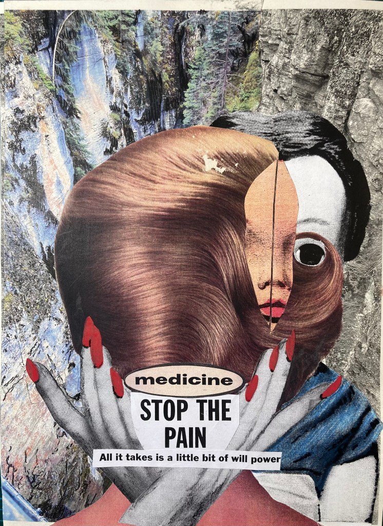 Collage of woman partially hidden in front of landscape by stephanie clark